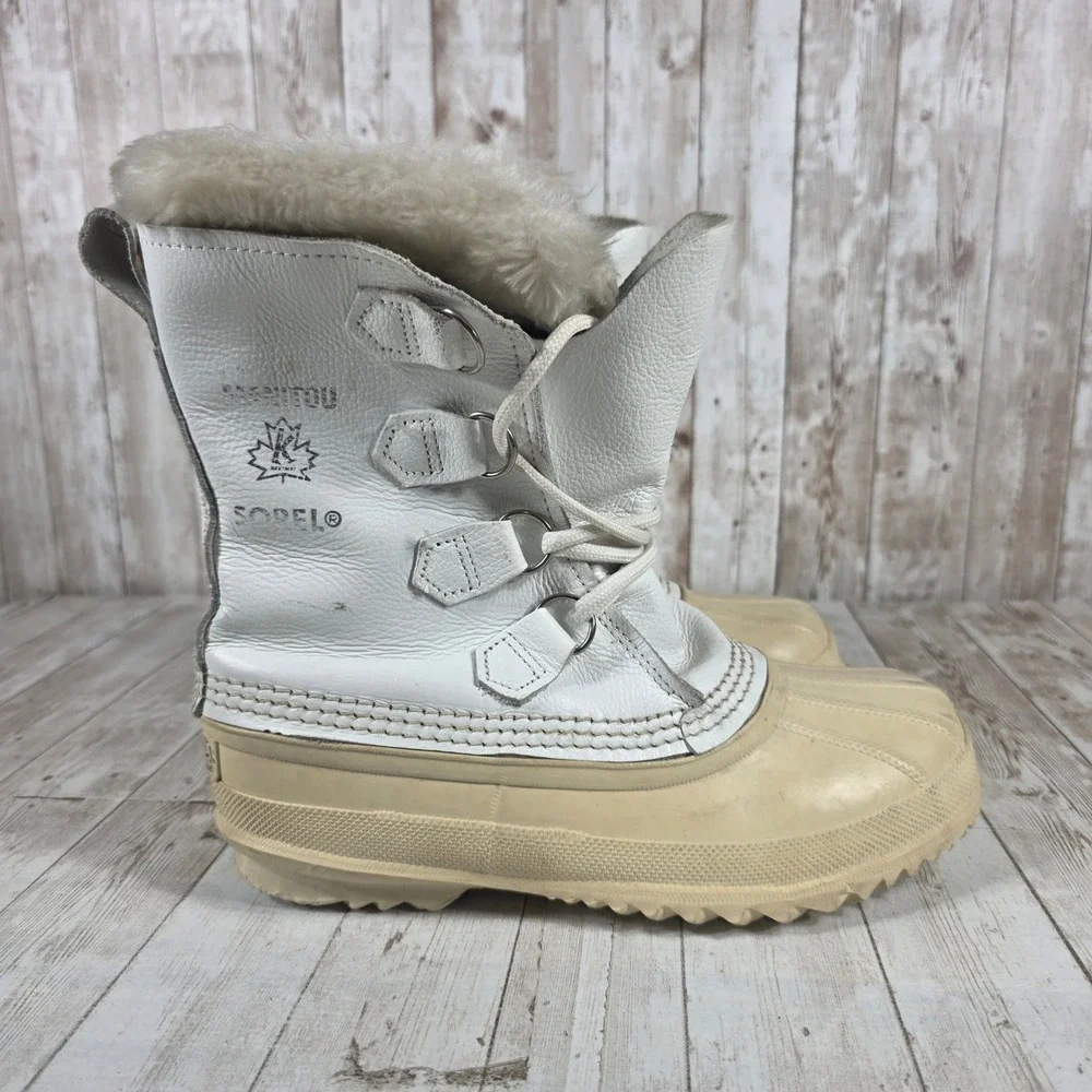 Sorel Manitou White Leather Snow Boots Womens 7‎ Made in Canada Duck Boots Fur
